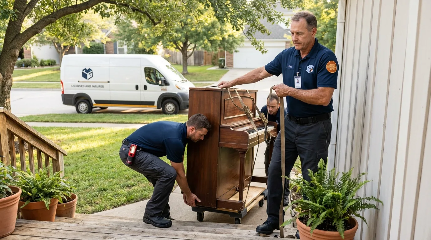 Licensed piano movers securing grand piano in Martinsville, IN