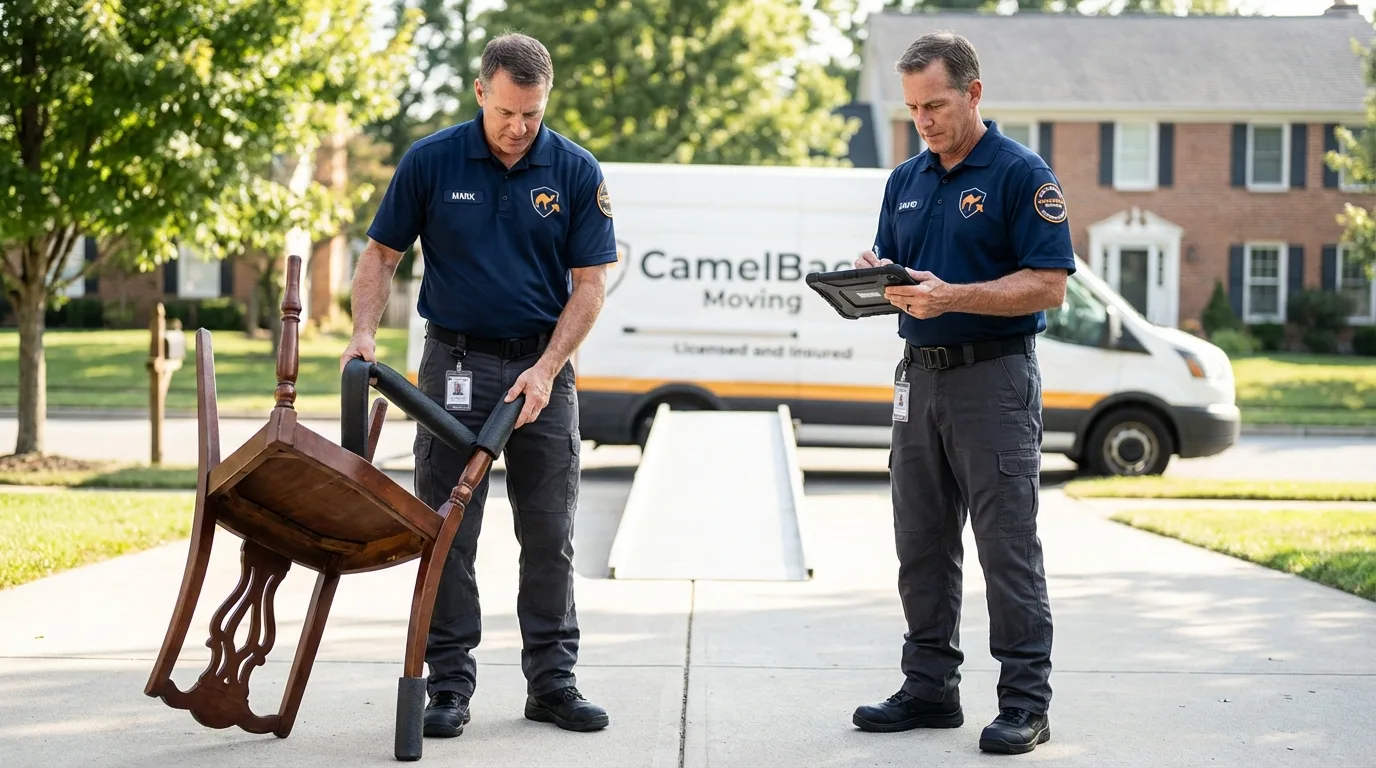 Movers inspecting furniture for damage prevention before loading in Martinsville, IN