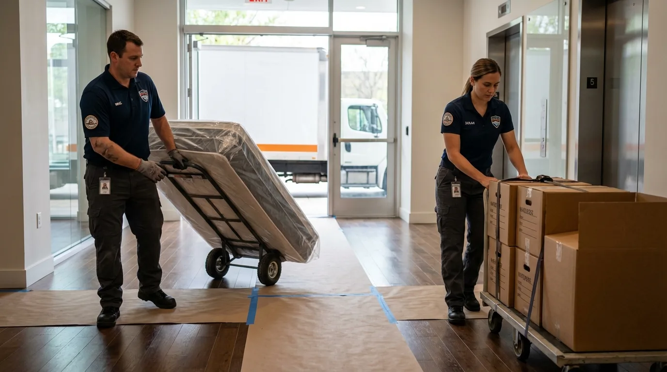 Professional apartment movers loading elevator in Martinsville, IN