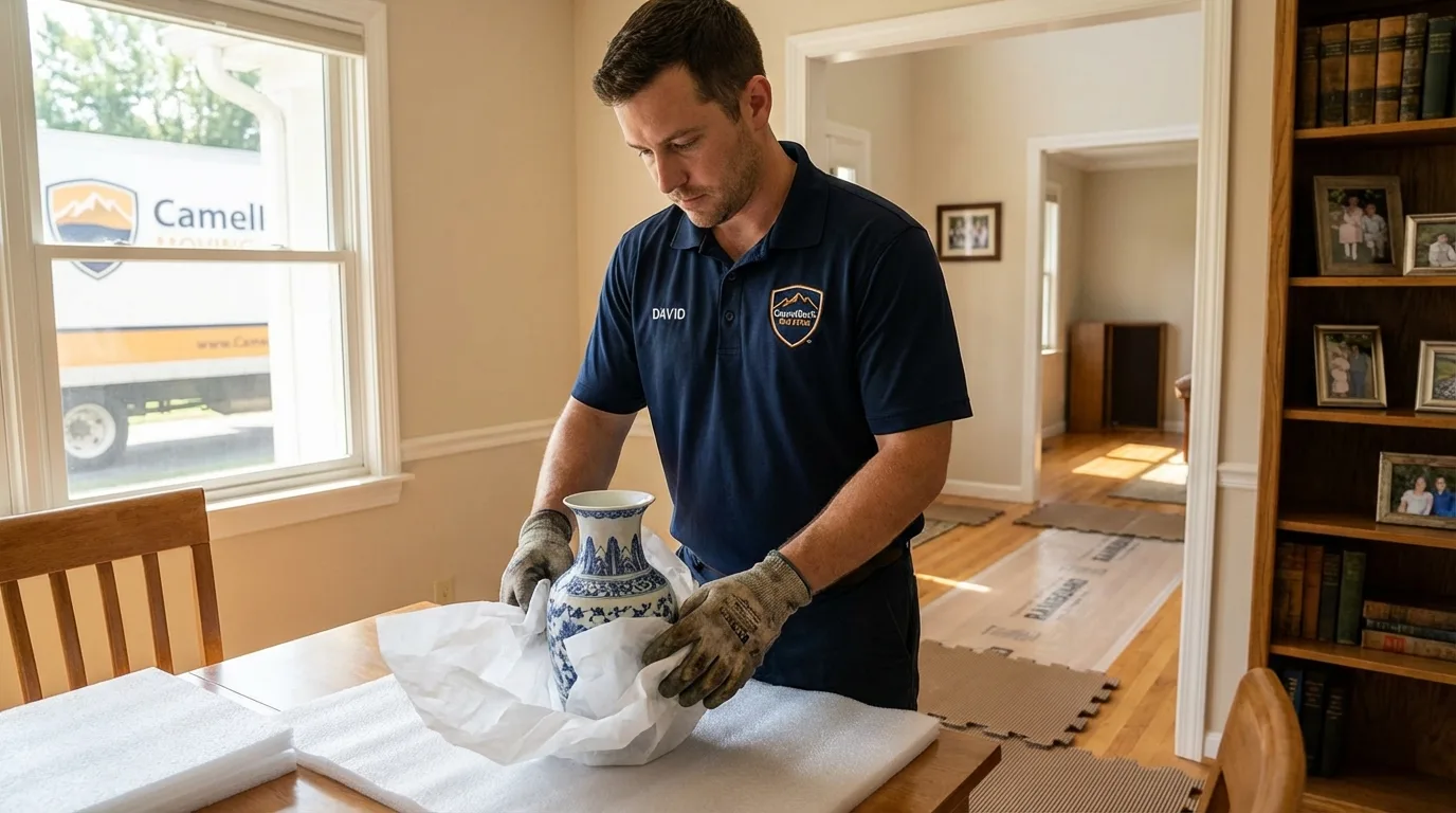 Professional crew carefully wrapping antique vase for senior downsizing move in Martinsville, IN