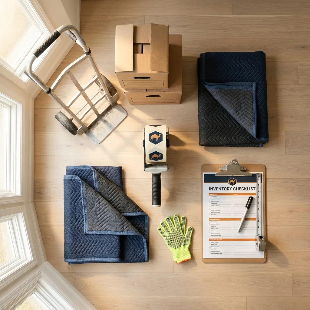 Professional moving supplies and packing materials layout for Martinsville residential relocations